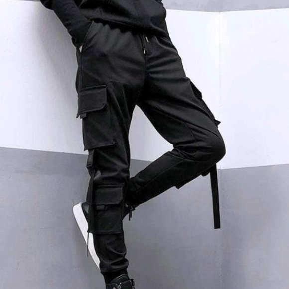 Casual Black Men's Drawstring Cargo Pants - Picture 3 of 5